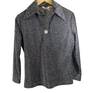 MONTGOMERY WARD Women's Vintage Metallic Collared Long Sleeve Top Black Size 34